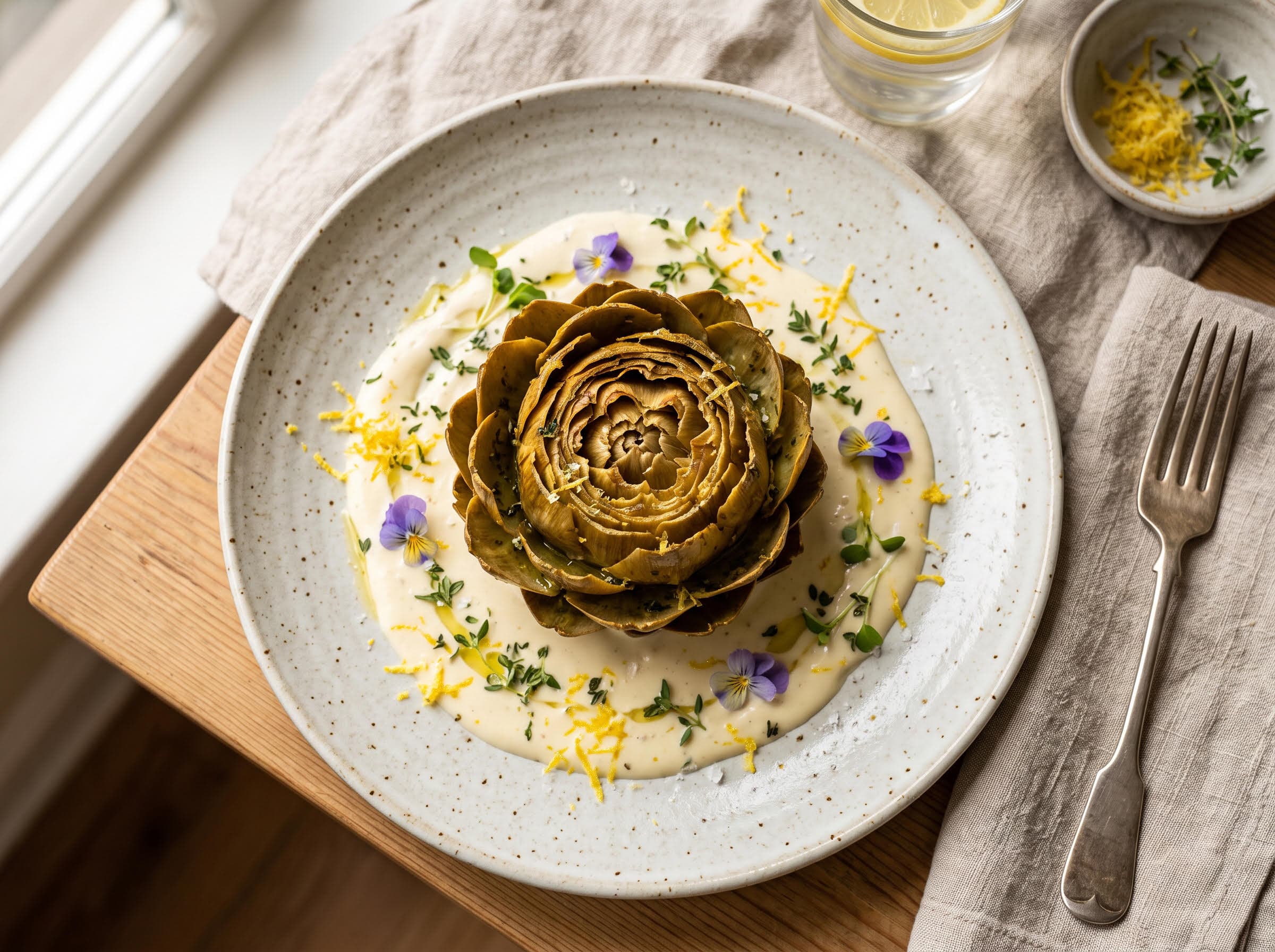Alcachofa asada entera sobre salsa de queso con ralladura de limón y flores comestibles